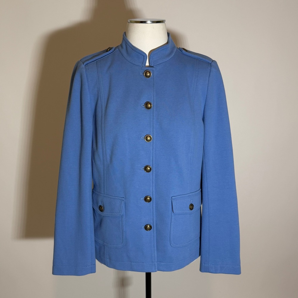 Talbots Military Blazer Jacket Coat Blue Mandarin Collar Womens Size 12 Career